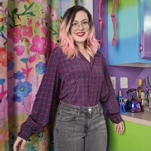 Vintage 80's Button Up Shirt By Haberdashery Burgundy Microprint Geometric